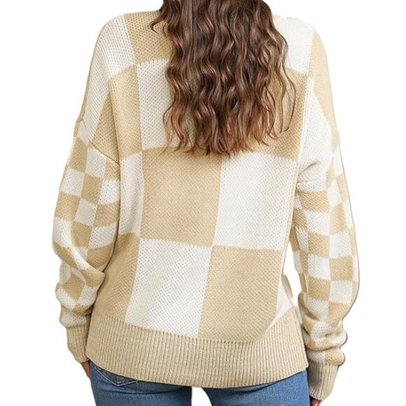 Evaless Women's Classic Long Sleeve Sweater White Beige Color Block Medium - Picture 3 of 5